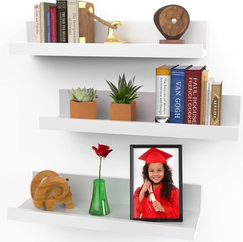 Icona Bay 16 Inch Floating Shelves for Wall - Set of 3 in Powder White - Modern Rustic Style - Wall Mounted Display Shelves - Picture Ledges