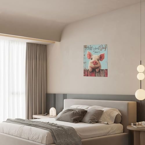 Farmhouse Pig Wall Decor Funny Pig Canvas Wall Art Rustic Pictures Painting Vintage Farm Animal Home Decoration Artwork Framed Gifts for Women Girl Living Room Bedroom Bathroom Office 12"x16"