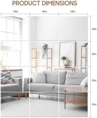 12PCS 14"x12" Home Gym Mirror, Wall Mirrors Decorative Shatterproof Self Adhesive Glass Mirror Tiles for Gym, Bedroom, Bathroom, Living Room