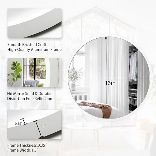 JJUUYOU Round Wall Mirror 16 Inch Circle Wall Mirror for Bathroom, White Circular Mirror Washroom Wall Mounted Metal Frame Mirror for Living Room, Bedroom, Dorm