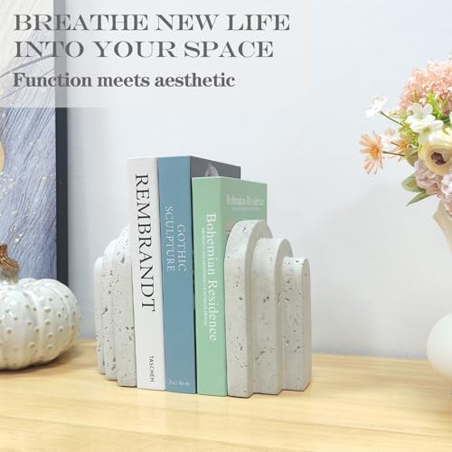 Decorative Book Ends for Shelves - Boho Aesthetic Bookends Decor - Heavy Duty Travertine Book Stopper Holder for Home Office Desk Coffee Table (Grey)