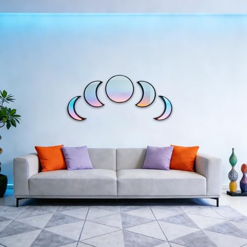 5-piece Set of Moon Phase Mirror Decorations in Nordic Style, Acrylic Mirror paired with Wooden Combination, Bohemian Style Living Room Bedroom Home Decoration, Black (Black)