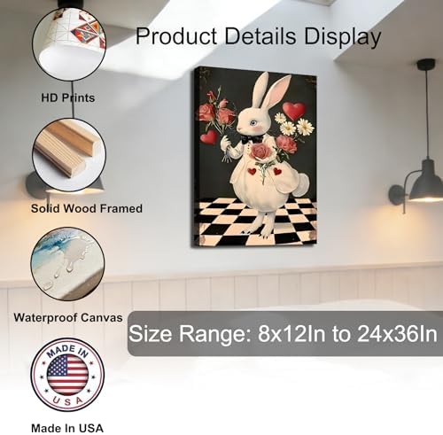 RIBNTAK Large Rabbit with Rose Easter Wall Art 24x36 In, Sweet Spring Bunny Painting Canvas Prints for Mantle Decor, Bunny Pictures for Living Room, Kitchen, Holiday Home Decoration