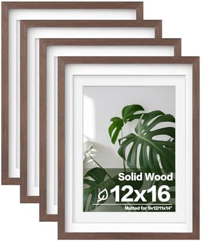 Egofine 12x16 Picture Frames Set of 4, Made of Solid Wood Covered by Plexiglass 9x12 and 11x14 with Mat or 12x16 without Mat, for Wall Mounting Photo Frame Brown