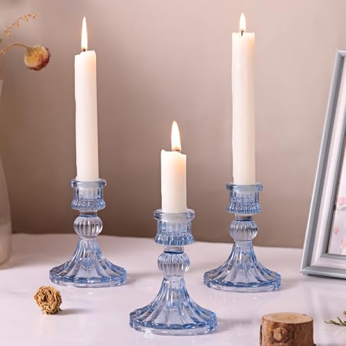 DARJEN 12PCS Blue Candlestick Holders Set- 4" H Taper Candle Holders, Glass Candle Holders Bulk for Wedding, Party, Home Table Centerpieces, Festival Gifts & Windowsill Decor