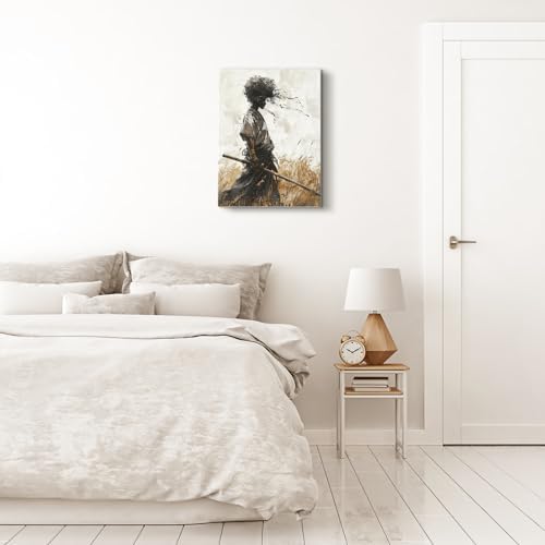 12"x18" African Samurai Canvas – Enigmatic Abstract Warrior Wall Art | Mystic African warrior dons kabuto beneath swirling abstracts. Afrofuturism meets bushido. Hook included, ready to hang.