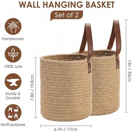 YOUEON Set of 2 Jute Hanging Basket 7.8" x 6.7", Small Wall Hanging Planter Baskets, Natural Jute Woven Storage Basket for Flower Plants Towels Sunglasses Wallet Keys, Boho Decor