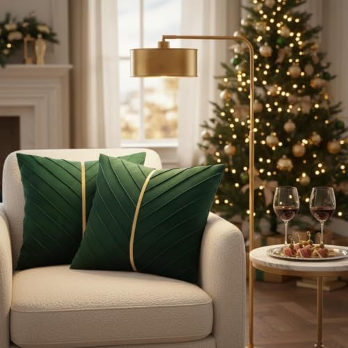 Velvet Throw Pillow Covers 20x20 Pack of 2 Gold Decor Dark Green