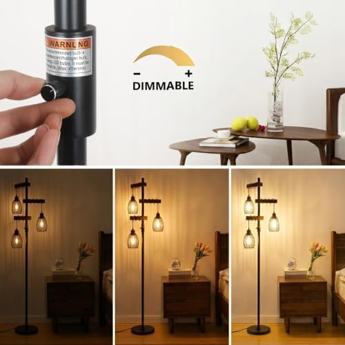 Industrial Floor Lamps for Living Room, Stable Standing Lamp with Metal Cage Shade, Wood Floor Lamp for Bedroom Reading Office, Dimmable Tall Lamp Rustic Home Decor Corner Lamp