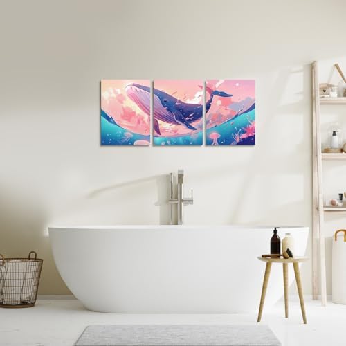 Feelyou Pretty Whale 3 Piece Canvas Wall Art for Living Room Bedroom Jellyfish Wall Art for Home Decor Ocean Animal Office Wall Decor Dreamy Pink Sky Wall Painting