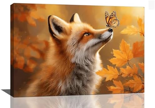 Fall Fox Decor Wall Art Autumn Pictures Maple Leaf Canvas Prints Painting Cute Fox Artwork Home Decoration for Bathroom Bedroom Living Room Framed Gifts 16"x24"