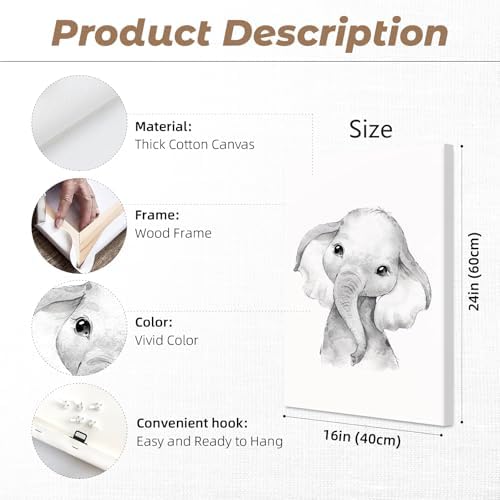 Safari Nursery Wall Art Decor Baby Animal Canvas Wall Art Baby Room Nursery Pictures Kids Artwork Safari Jungle Animal Prints Giraffe Elephant Tiger Painting for Bedroom 16x24x3 Inch Wrapped Canvas