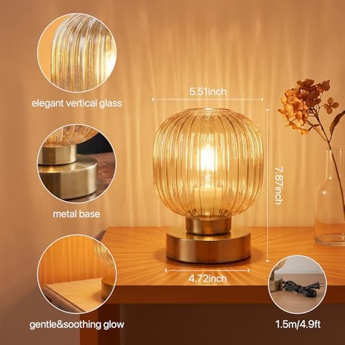 Elenhome Amber Touch Glass Table Lamp Set of 2, 3-Way Dimmable Bedside Lamps, Vintage Mid-Century Modern Nightstand Lamps for Bedroom and Living Room, Ambient Mood Lighting, LED Bulb Included