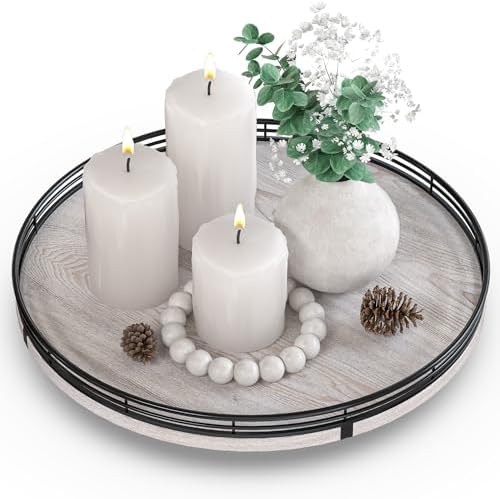 AMH 13-Inch Rustic Whitewashed Oak Lazy Susan Vanity Tray