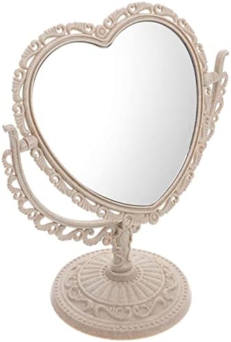 AKOAK Heart-Shaped Cosmetic Mirror - Plastic, Double-Sided, Rotatable, Lightweight Tabletop Makeup Mirror for Bathroom & Bedroom (Beige)