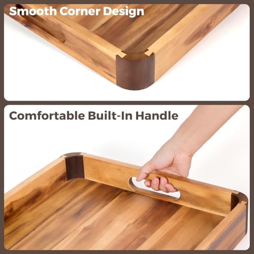 22 x 15.7 Inch Large Acacia Wood Serving Tray with Handles, Extra Spacious Decorative Wooden Tray with Dark Walnut-Tone Curved Corner Accents for Coffee Table, Ottoman & Kitchen Counter