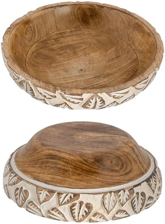 Natural Wooden Tray, Serving Bowl for Salad, Veggies and Fruits, Large Deep Tray for Family, Party (Bowl with Leaf Carving)