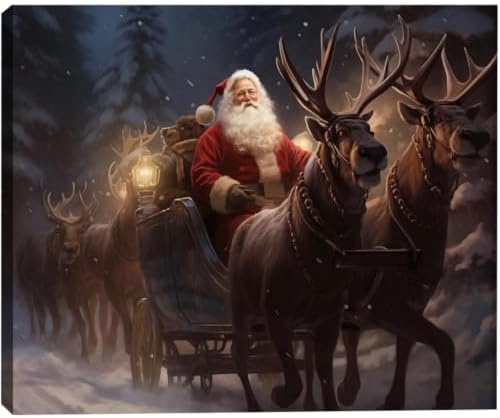 Santa Claus Framed Christmas Wall Art 12x18in, Festive Holiday Wall Decor for Office, Winter Reindeer Canvas Art Print, Farmhouse Christmas Pictures for Living Room Indoor Decorations