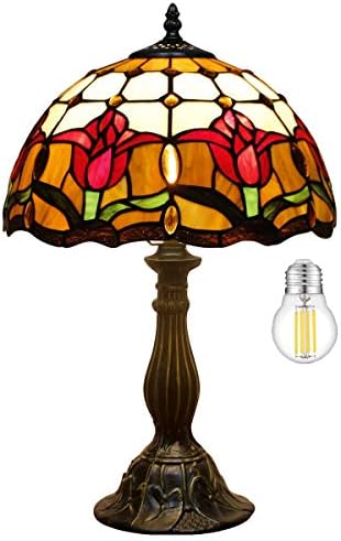 WERFACTORY Tiffany Table Lamp Stained Glass Style Tulip Flower Bedside Reading Desk Light 12X12X18 Inches Decor Bedroom Living Room Home Office S030 Series