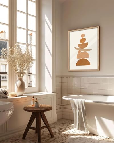 KensTro 16x20 Oak Framed Beige Boho Christian Abstract Wall Art | Natural Oak Wood Frame with Earth-Tone Balance Shapes, Minimalist Mid-Century Decor for Living Room, Bedroom or Kitchen
