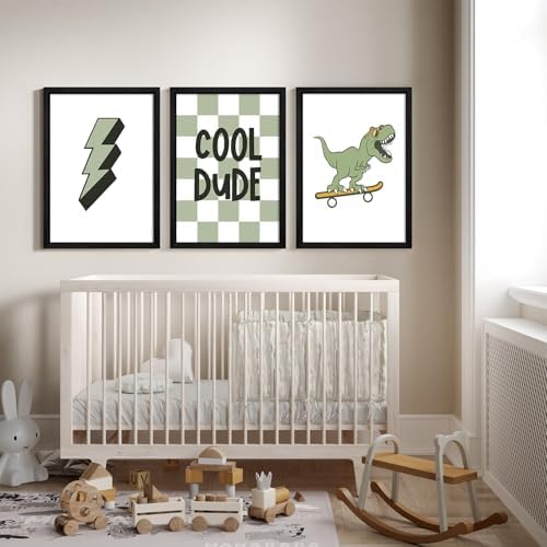 Nursery Dinosaur Wall Art Prints Set of 3 Boys Room Canvas Wall Decor Toddler Kids Prints Dinosaur Skateboard Pictures Poster Boys Dino Artwork Decor for Bedroom 16x24 Inch Wood Framed