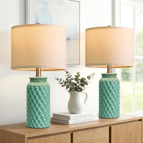 USumkky 20.5" Ceramic Table Lamps Set of 2 - Modern Farmhouse & Boho Style, Bedside Nightstand Lamps for Bedroom, Living Room End Table Lamps, Small Desk Lamp(Tiffany Blue)