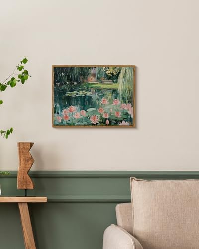 WHASAYART Vintage Framed Monet-Inspired Lotus Pond Floral Wall Art 12x16in | Water Lily Canvas Print Wall Decor, Impressionist Garden Bench Landscape Oil Painting for Living Room Bedroom Entryway Office
