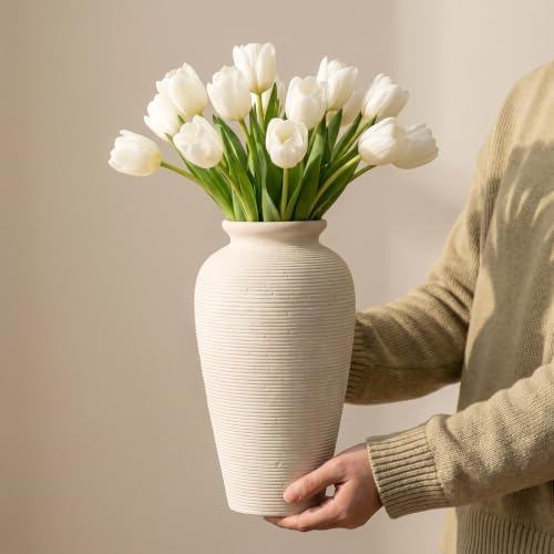 11.02 Inch Tall Vintage White Ceramic Flower Vase, Rustic Farmhouse Beige Stone Texture Vase for Home Decor, Decorative Terracotta Vase for Table Centerpiece Living Room Bathroom (Off White-11.02'')