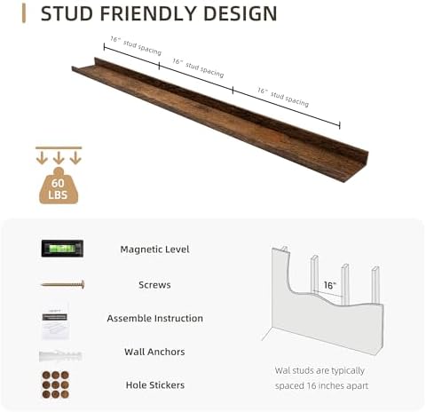 Acovy Picture Ledge Shelf, Wood Long Floating, Set of 2, 56 inch, Brown