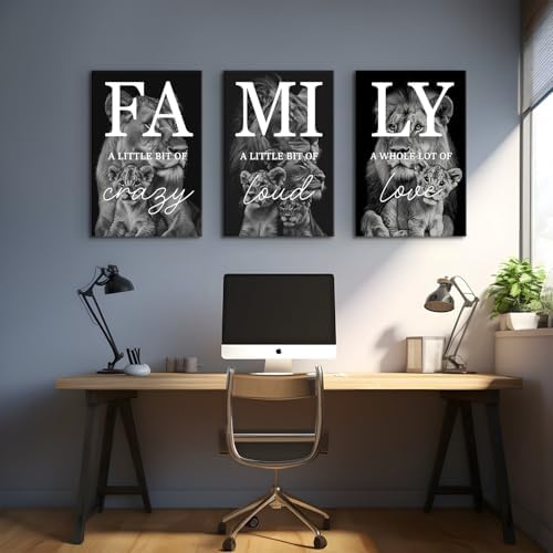 Family Wall Art Black and White Lion Pictures Wall Decor Inspirational Canvas Prints Family Sign Pictures Lioness Cub Painting Poster Modern Artwork for Bedroom Living Room Decoration 16x24" 3Pcs