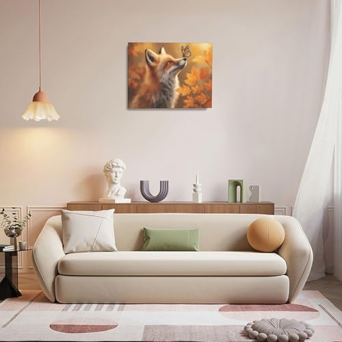 Fall Fox Decor Wall Art Autumn Pictures Maple Leaf Canvas Prints Painting Cute Fox Artwork Home Decoration for Bathroom Bedroom Living Room Framed Gifts 16"x20"
