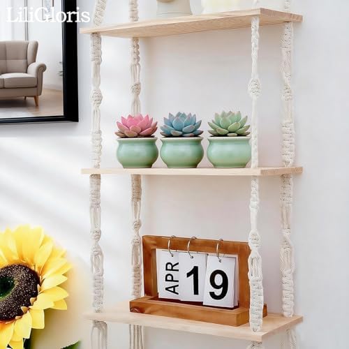 3-Tier Boho Hanging Shelves for Wall - Rustic Floating Wood Shelves with Rope, Macrame Plant Shelf Organizer for Home Decor - Farmhouse, Bohemian Style for Bedroom