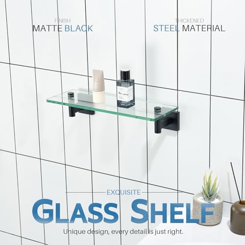 KOKOSIRI Bathroom Shelves Glass Floating Shelf 12-Inch for Bedroom, Living Room, Kitchen, Small Hanging Rack Rustproof Wall Mounted Black B1105BK-L12