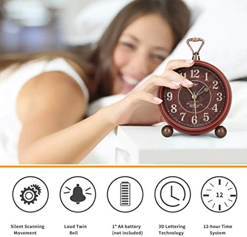 Number-one Classic Retro Alarm Clock, Red Vintage Non-Ticking Table Desk Small Alarm Clock, Battery Operated Silent Quartz Movement HD Glass for Bedroom Living Room Indoor Decoration