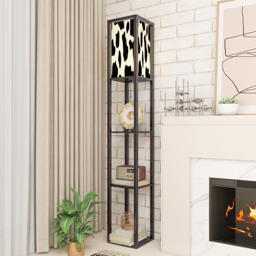 Standing Lamp with Shelves Tall Black White Cow Pattern Used for Modern Wood Corner Lamp for Bedroom Living Room Office Floor Lamp Mid Century Room Decor