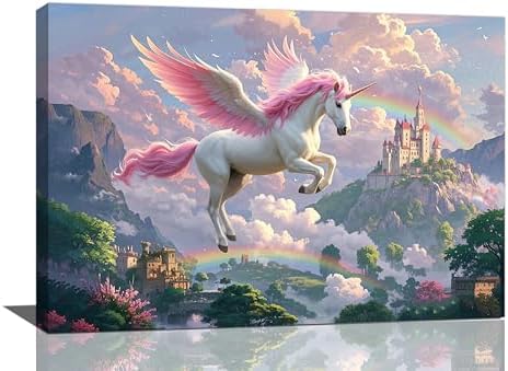 Crekviy Pink Unicorn Wall Art Fantasy Unicorn Bedroom Decor for Girls Magical Canvas Prints Painting Pictures Artwork Decorations for Nursery Room Bathroom Framed Kids Gifts 16"x24"