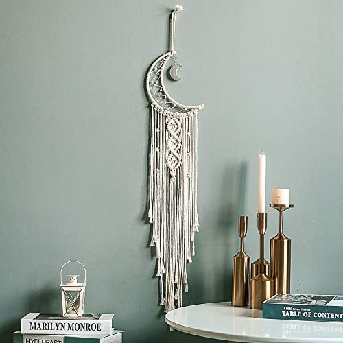 MOONFLY Dream Catcher with Handmade Moon Star Design Woven Cotton Macrame Wall Hanging Boho Home Decoration Ornament Craft Gift for Bedroom Living Room Wedding Party (White Moon)