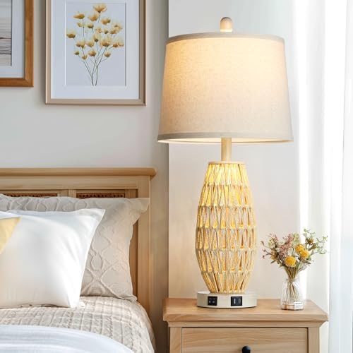 CINSARY 27“ Beige Rattan Table Lamps with Night Light, Boho Bedside Lamps Set of 2, Woven Wicker Bedroom Lamp for Nightstand with USB A+C Charging Port & AC Outlet, Tall Coastal Living Room Lamp