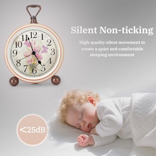 Classic Vintage Table Clock - 5.2in Pink Tulips Analog Desk Clock, Silent Non-Ticking Clock with Distressed Metal Frame for Office, Living Room or Bedroom (Pink Tulips)