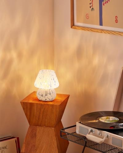 ONEWISH Mushroom Lamp Small Bedside Table Lamp-Nightstand Nightlight Dimmable Stepless, Translucent Glass Desk Lamp for Bedroom Dorm Living Kitchen, Murano Style Aesthetic Cute Home Decor(Blue)