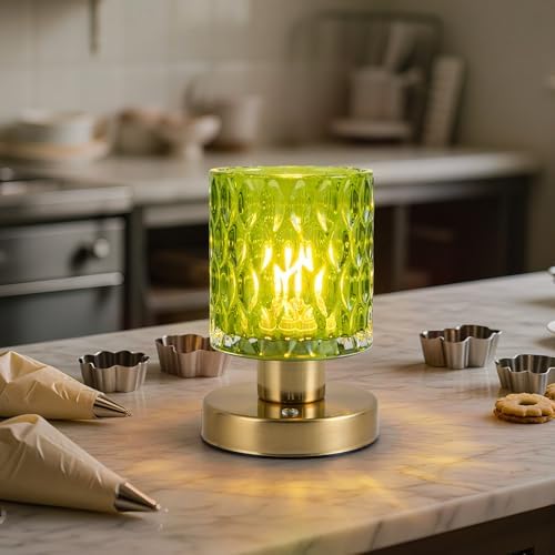 Cordless Rechargeable Table Lamp with Timer & Remote Control, Dimmable Touch Glass Battery Powered Lamp, Aesthetic Small Night Light for Bedroom Desk Bookshelf Living Room Decor (Jade Green)