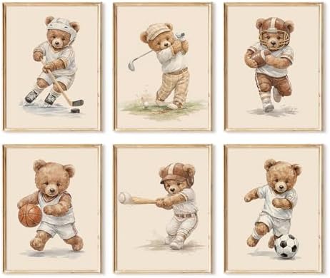 Joocrise Nursery Teddy Bear Wall Decor Boy Room Wall Art Baby Canvas Prints Vintage Sports Decor Pictures Teddy Bear Poster Nursery Painting for Playroom Bedroom 12x16 Inch Unframed Set of 6
