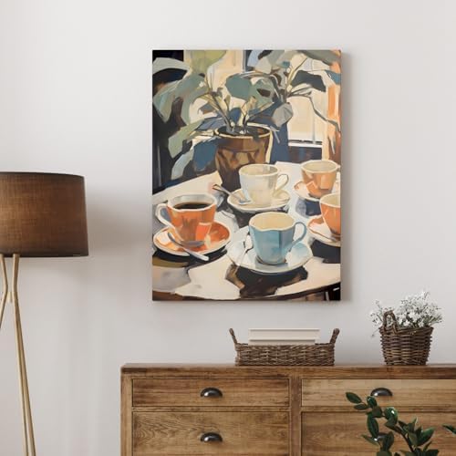Cyebmo Framed Retro Coffee Wall Art, Coffee Cup Plant Wall Decor, Watercolor Cafe Canvas Painting, Minimalist Vintage Travel Food Poster Print for Home Office Cafe Bar Living Room 12x16 Inch
