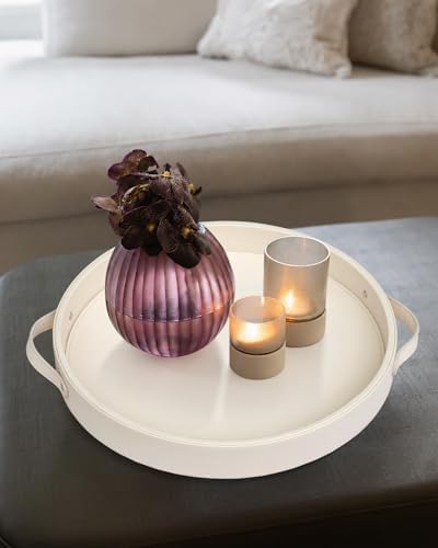 HofferRuffer Top Nocth PU Leather Round Serving Tray, Decorative Serving Tray with Handles, Coffee Tray, Ottoman Tray for Home Or Office, Diameter 14.6-inch (CreamWhite)