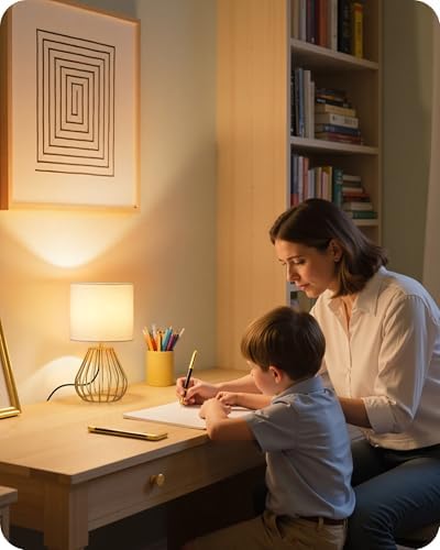 Gold Table Lamp Set of 2, Small Bedside Lamps Set of 2, 2700K LED Bulb Included, Gold Metal Base & White Linen Lampshade, Modern Nightstand Lamps for Bedroom, Living RoomDCW06TLP205