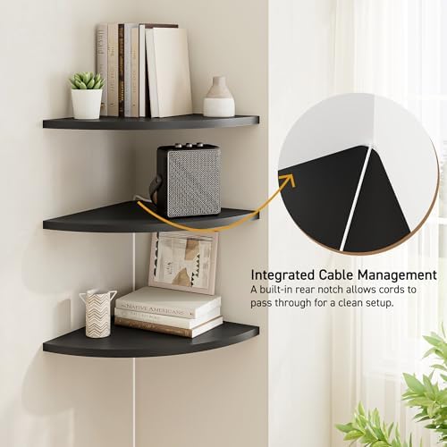 Venusmiles Corner Shelf Wall Mount, Engineered Wood Floating Corner Shelves with Cable Hole, Wall Mounted Storage Display for Bathroom, Bedroom, Living Room, Kitchen (12 Inch, Black, 3 Pack)