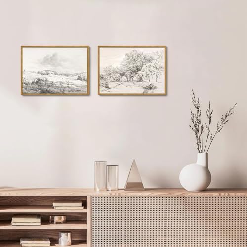 OIQArtOIQ Vintage Landscape Canvas Wall Art Framed Natural Scenery Painting Artwork Prints France Country Wilderness Farmhouse Decor Pictures Kitchen Bedroom Living Room Bathroom