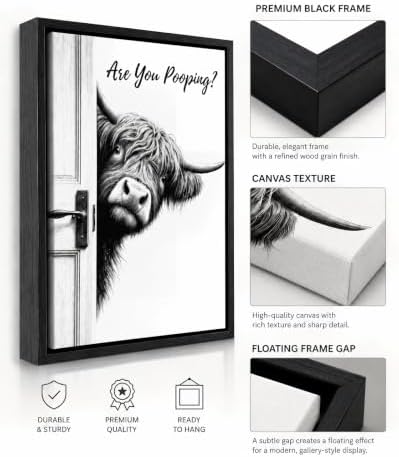 Framed Funny Bathroom Wall Art, Highland Cow Are You Pooping Canvas Print, Black and White Humor Bathroom Animal Decor for Restroom Toilet 12x16in