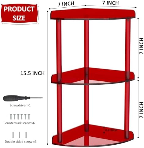 Sezanrpt 3 Tier Countertop Corner Organizer Shelf 7x7x15.7 Inch, Red Countertop Acrylic Bathroom Corner Shelf, Vanity Storage Organizer for Cosmetics, Toiletries