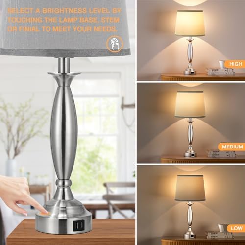 Bedroom Lamps for Nightstand, 3 Way Dimmable Silver Bedside Lamps with USB